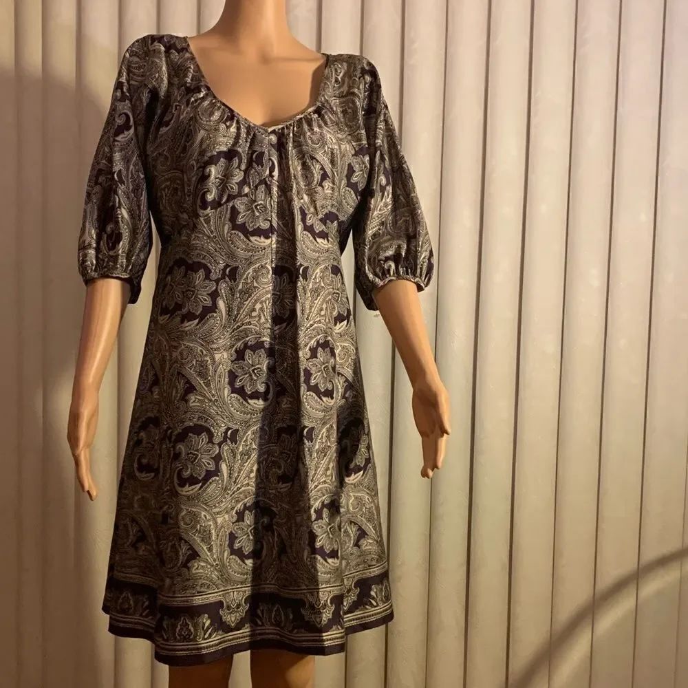 Nine West Dress Purple & Cream Midi 💯% Silk Scoop Neck 3/4 Sleeve Woman’s Dress